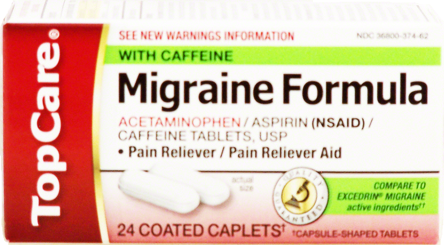 Top Care  migraine formula with caffeine, acetaminophen, aspirin, pain reliever, coated caplets Full-Size Picture